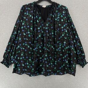 the Get 4X Floral Long Poet Sleeve Blouse Black Floral Metallic‎ Boho Cottage